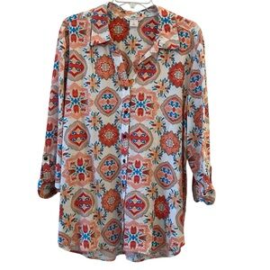 Allison Daley Multicolor Geometric Rayon Casual Button Down 3/4 Sleeve Shirt XL